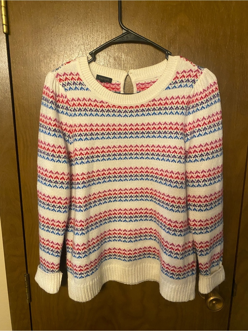 Talbots Cream Fair Isle Crewneck Sweater with Pink and Blue Accents